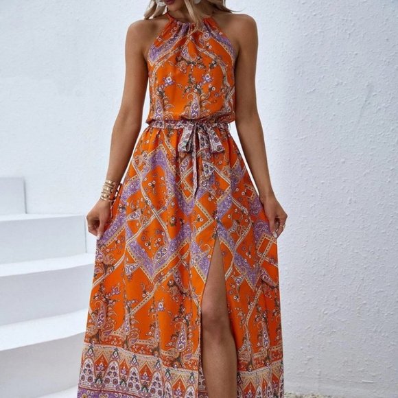 . Dresses & Skirts - Orange Preppy Womens Floral Print Halter Neck Dress